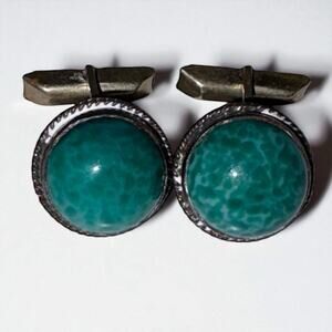 Vintage Alpaca Mexico Cufflinks Turquoise Green Stone Cabochon Silver Tone